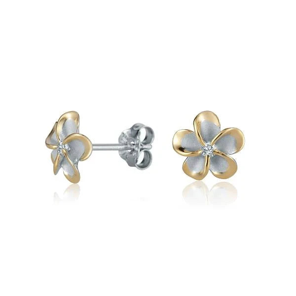 Hawaiian 925 Sterling Silver plumeria CZ yellow gold-plated post earring, 8mm size, with detailed floral design.