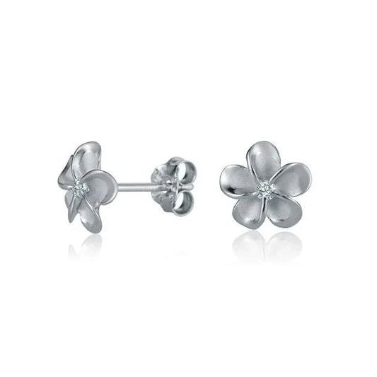 Sterling silver Plumeria CZ YG rhodium earring, 8mm size, showcasing a floral design with green gemstone accents.