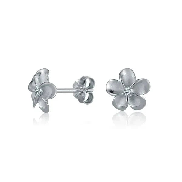 Hawaiian 925 Sterling Silver plumeria CZ YG rhodium earring, 8mm, with vibrant yellow gold finish.