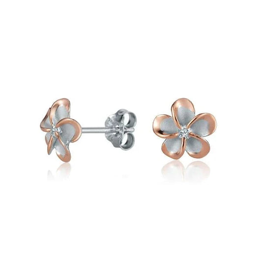 Sterling silver Plumeria CZ PG plated post earring, 8mm size, featuring a floral design with sparkling cubic zirconia stones.