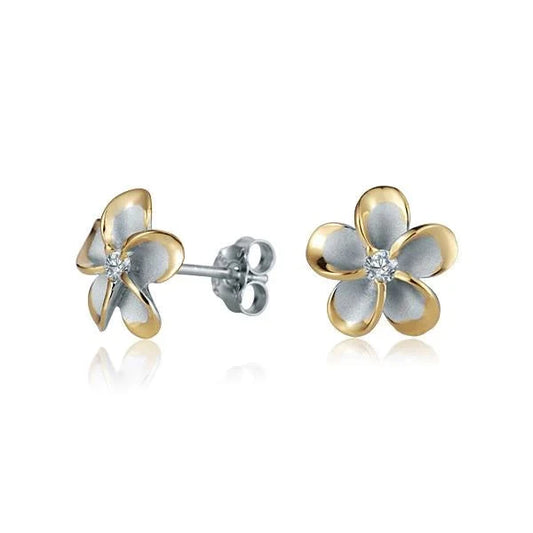 Sterling silver Plumeria CZ post earring with yellow gold plating, 10mm size, featuring a floral design and sparkling cubic zirconia.