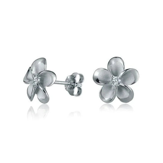 Sterling silver Plumeria CZ post earring with rhodium plating, 10mm size, featuring a delicate floral design.