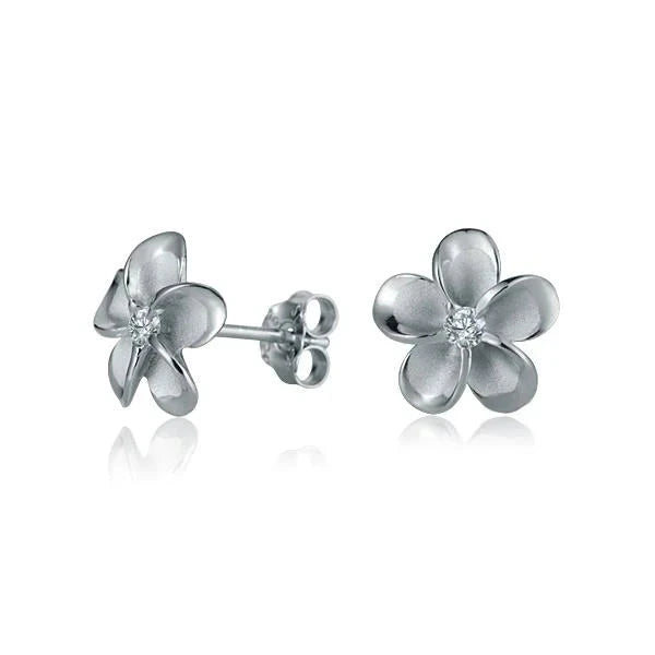 Hawaiian 925 Sterling Silver plumeria CZ rhodium-plated post earring, 10mm size, with floral design and sparkling cubic.