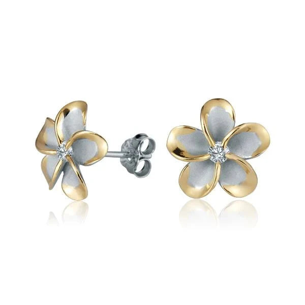 Hawaiian 925 Sterling Silver plumeria CZ yellow gold plated post earring, 12mm size, featuring floral design and sparkling.