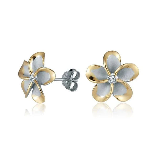 Sterling silver Plumeria CZ yellow gold plated post earring, 12mm size, with detailed floral design and sparkling gemstone embellishment.