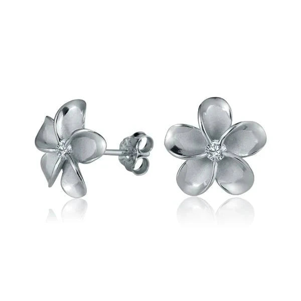 Hawaiian 925 Sterling Silver plumeria CZ post earring with rhodium plating, 12mm size.