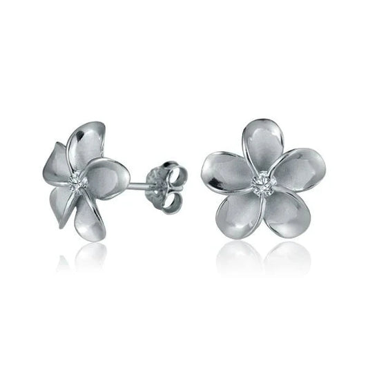 Sterling silver Plumeria CZ post earring with rhodium plating, 12mm size, featuring floral design and sparkling cubic zirconia accents.