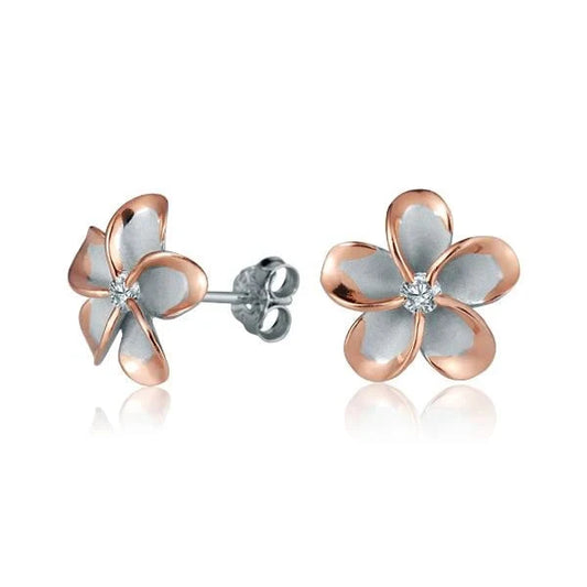 Sterling silver Plumeria CZ PG plated post earring, 12mm, with floral design and sparkling cubic zirconia embellishments.