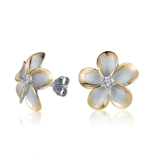 Sterling silver Plumeria CZ post earring with yellow gold plating, 15mm size, featuring a floral design on a white background.