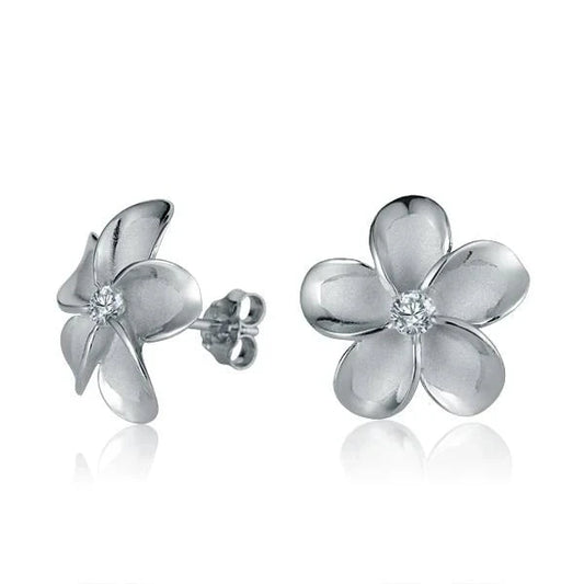 Sterling silver Plumeria CZ rhodium plated post earring, 15mm, with detailed flower design and sparkling cubic zirconia accents.
