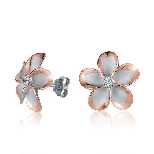 Sterling silver Plumeria CZ PG plated post earring, 15mm, featuring a floral design with sparkling cubic zirconia accents.