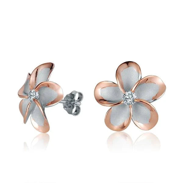 Hawaiian 925 Sterling Silver plumeria CZ PG plated post earring, 15mm, with floral design.