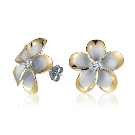Sterling silver Plumeria CZ post earring with yellow gold plating, 18mm size, featuring a floral design and sparkling cubic zirconia.