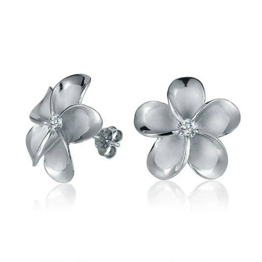 Sterling silver Plumeria CZ post earring with rhodium plating, 18mm size, featuring floral design and sparkling cubic zirconia accents.