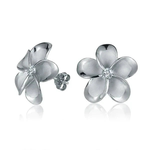 Hawaiian 925 Sterling Silver plumeria CZ post earring with rhodium plating, 18mm, featuring floral design and sparkling.