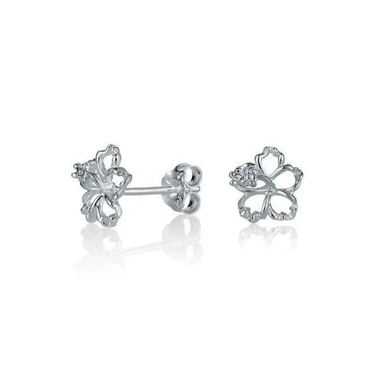 Floating hibiscus earring in 8mm 925 sterling silver, featuring delicate flower design and secure hook, perfect for elegant wear.
