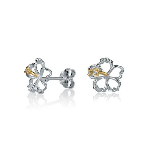 Sterling silver floating hibiscus earring with 10mm flower design, crafted from 925 silver, on a white background.