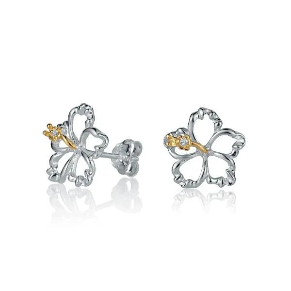 Hawaiian 925 Sterling Silver floating Hibiscus Earring, 12mm, with delicate hibiscus flower design.
