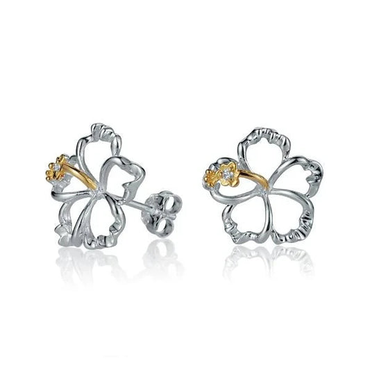 Sterling silver floating hibiscus earring with 15mm flower design, crafted from 925 silver, perfect for elegant jewelry wear.