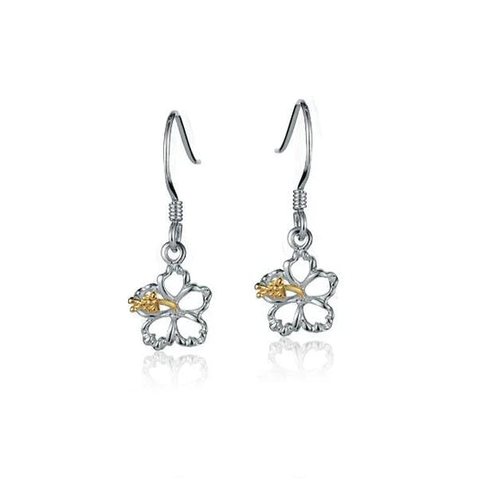 Sterling silver Floating Hibiscus Hook Earring with 8mm flower design, crafted in 925 silver, styled for elegant wear.