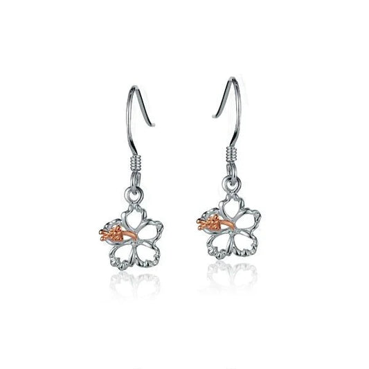 Sterling silver floating hibiscus hook earrings, 8mm, with delicate floral design, crafted by Ashley's Gift Shop.