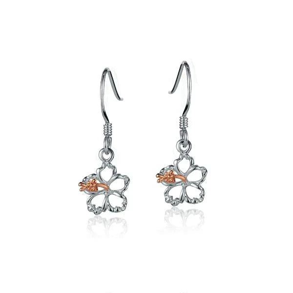 Hawaiian 925 Sterling Silver floating Hibiscus Hook Earring with 8mm floral design, featuring delicate hibiscus flower.