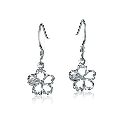 Sterling silver floating hibiscus hook earring with 10mm flower design, crafted by Ashley's Gift Shop