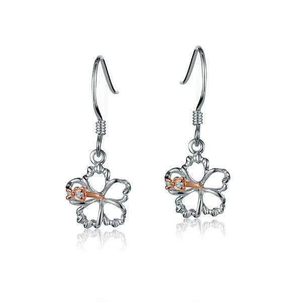 Hawaiian 925 Sterling Silver floating hibiscus hook earring, 10mm, featuring a delicate hibiscus flower design.