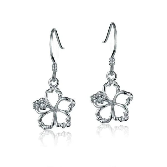 Sterling silver floating hibiscus hook earring, 12mm, featuring a delicate floral design, perfect for casual or elegant wear.