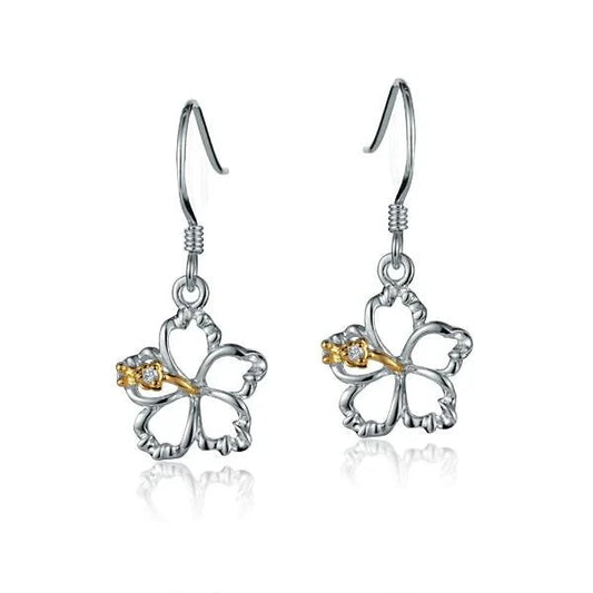 Sterling silver floating hibiscus hook earring with 12mm flower design, crafted from 925 sterling silver.