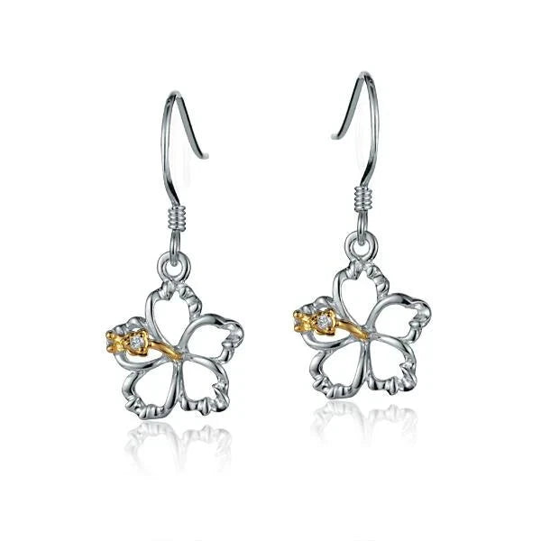 Hawaiian 925 Sterling Silver floating Hibiscus Hook Earring, 12mm, featuring detailed hibiscus flower design for elegant.