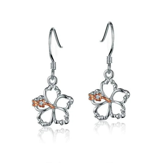 Sterling silver floating hibiscus hook earring, 12mm, handcrafted jewelry with elegant floral design.