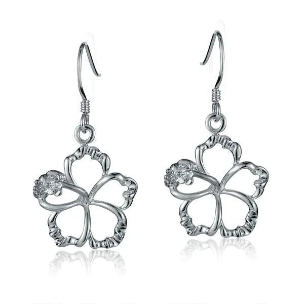Hawaiian 925 Sterling Silver floating Hibiscus Hook Earring, 15mm, with intricate hibiscus flower design.