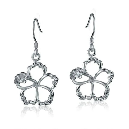 Sterling silver floating hibiscus hook earring, 15mm size, crafted with intricate floral design, perfect for elegant jewelry collection.