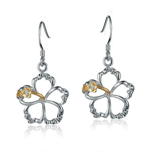 Sterling silver floating hibiscus hook earrings, 15mm, featuring delicate hibiscus flower design for a stylish and lightweight accessory.