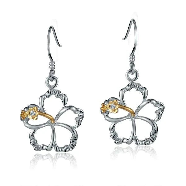 Hawaiian 925 Sterling Silver floating hibiscus hook earring, 15mm, featuring delicate floral design and lightweight.
