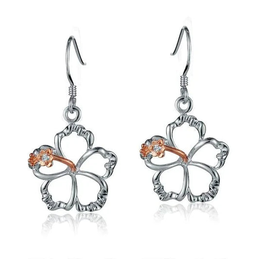 Sterling silver floating hibiscus hook earring, 15mm, featuring a delicate flower design, perfect for elegant summer accessories.