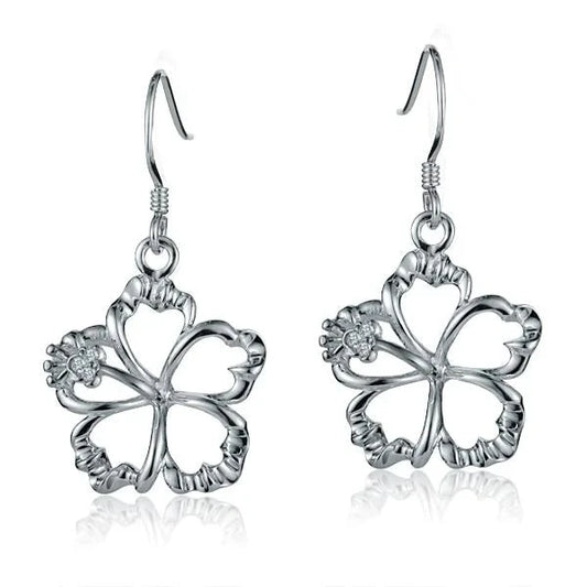 Sterling silver floating hibiscus hook earring, 18mm, handcrafted jewelry with floral design and elegant style.