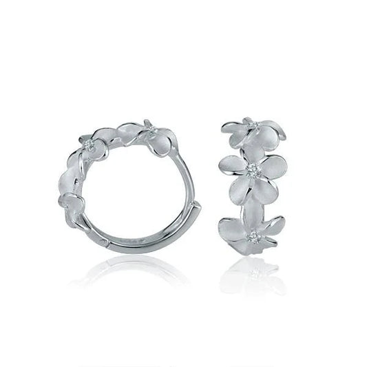 Sterling silver 8mm Plumeria CZ hook earring featuring floral design, crafted by Ashley's Gift Shop.