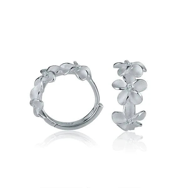 Hawaiian 925 Sterling Silver 8mm Plumeria CZ hook earrings featuring floral design.