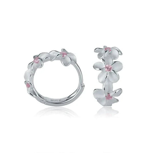 Sterling silver 8mm Plumeria Pink CZ hook earring featuring a flower design, crafted by Ashley's Gift Shop.