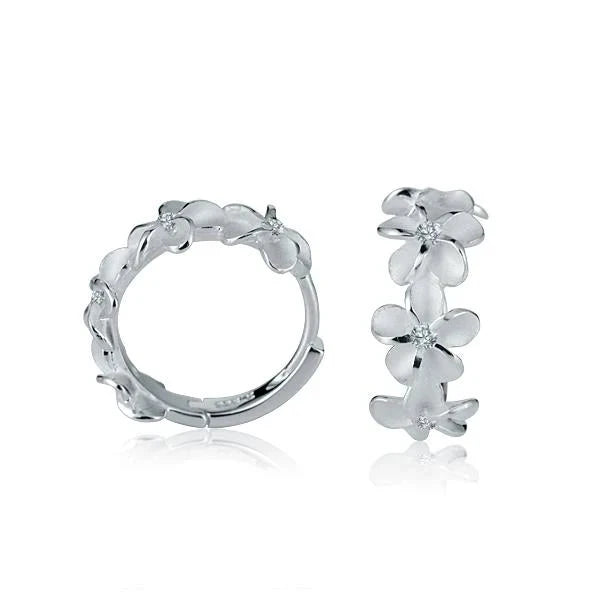 Hawaiian 925 Sterling Silver 8mm Plumeria CZ hook earrings featuring floral design.