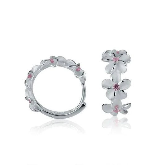 Sterling silver 8mm Plumeria Pink CZ hook earring featuring a delicate floral design, perfect for elegant jewelry collection.