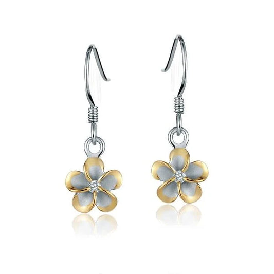 Sterling silver Plumeria CZ hook earring with 8mm yellow gold plated flower design, showcasing detailed craftsmanship.