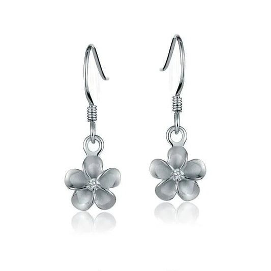 Sterling silver Plumeria CZ hook earring with 8mm flower design, rhodium plated for shine and durability.