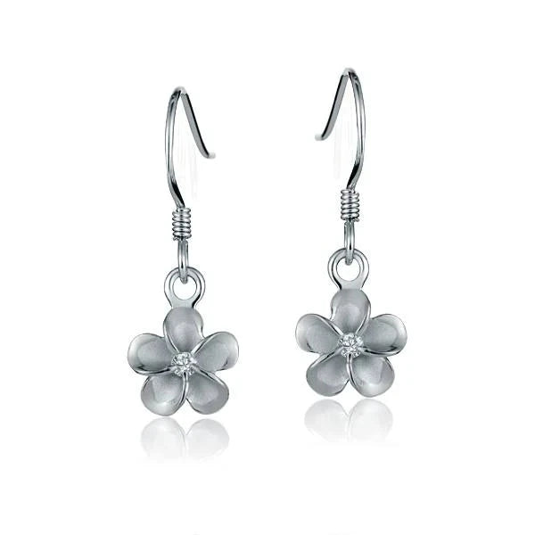 Hawaiian 925 Sterling Silver plumeria CZ rhodium-plated hook earring, 8mm, featuring floral design and sparkling cubic.