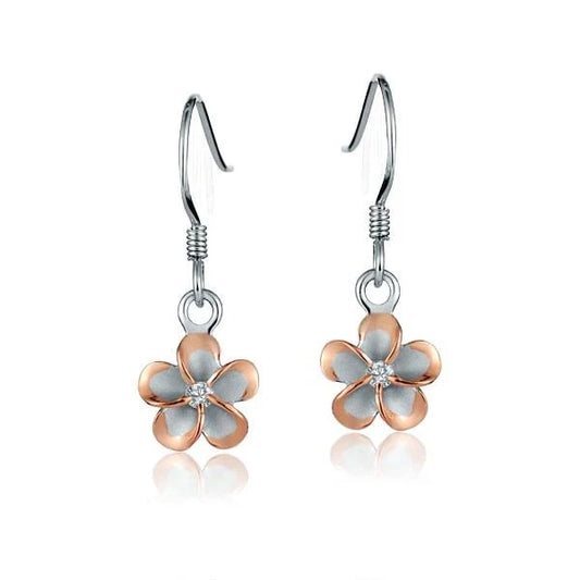 Sterling silver Plumeria CZ PG plated hook earring, 8mm, featuring a floral design with sparkling cubic zirconia accents.