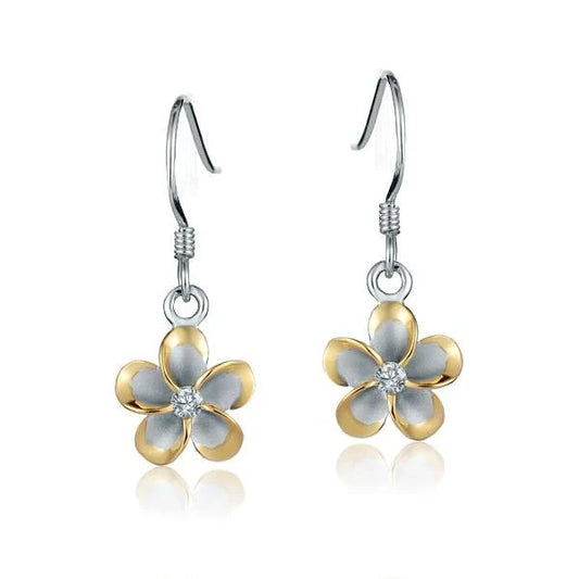 925 sterling silver Plumeria CZ hook earring in yellow gold plated finish, 10mm size, with floral design.