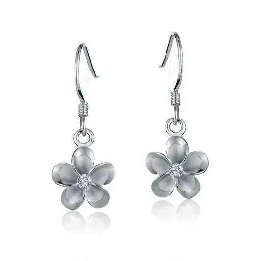 Sterling silver Plumeria CZ hook earring, rhodium plated, 10mm size, featuring floral design and sparkling cubic zirconia.
