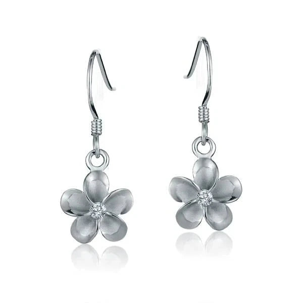 Hawaiian 925 Sterling Silver plumeria CZ rhodium-plated hook earring, 10mm, featuring floral design and sparkling cubic.